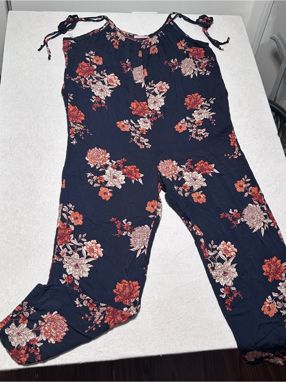 Ces Femme Navy Floral Jumpsuit with Rust and Cream Accents